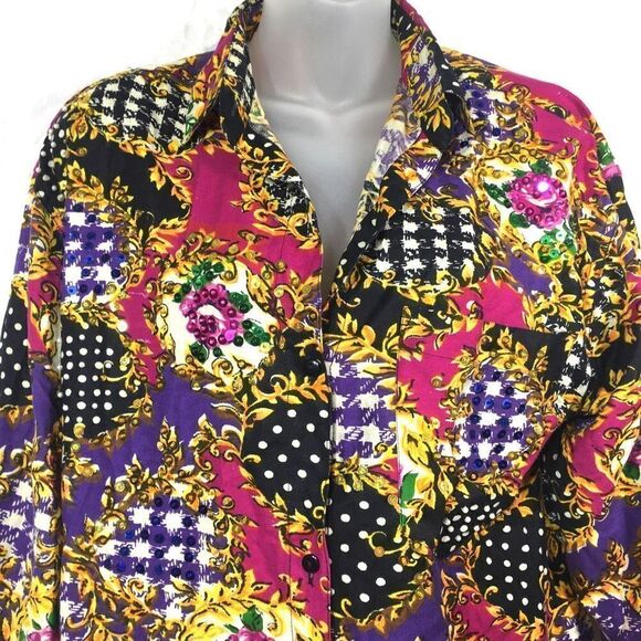 Andrew Sports Studio Women's Vintage Button Up Embellished Floral Sequence Shirt - Picture 4 of 10